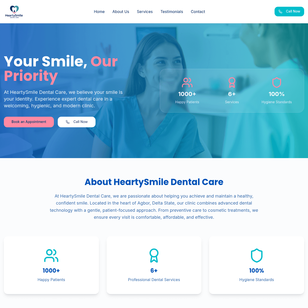 HeartySmile Dental Care website on desktop