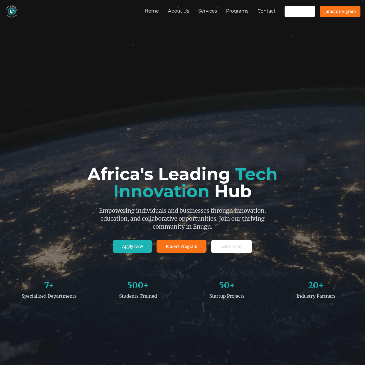 Tekknopolis Hub website on desktop